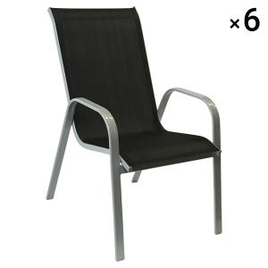 Lot de 6 chaises en textilène noir et aluminium gris