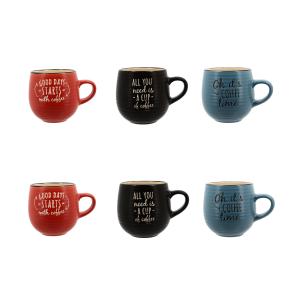 Lot de 6 mugs en grès - 3 couleurs assorties 35cl