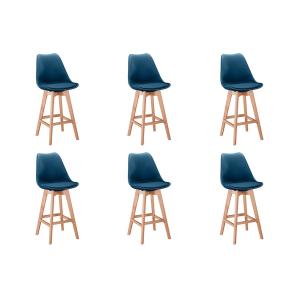 Lot de 6 tabourets de bar scandinave avec pieds bois - Bleu