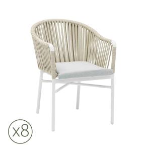 Lot de 8 chaises de jardin aluminium blanc et corde grise a…
