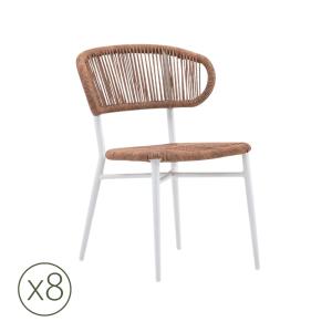 Lot de 8 chaises de jardin en aluminium blanc et corde marr…