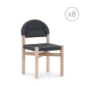 Lot de 8 chaises en bois de teck et rotin noir