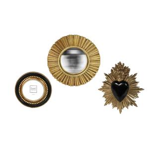 Lot ex voto, cadre perle et miroir convexe noir et doré