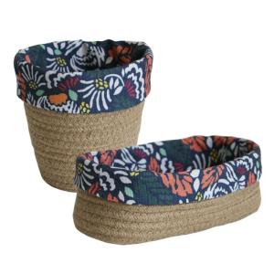 Lot panier rangement, pochon corde tressée et tissu bleu mo…