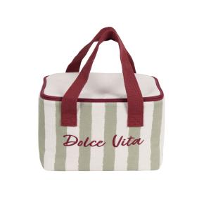 Lunchbag en lin vert, blanc et marron