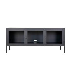 MAINE- Banc TV 3 portes vitrées acier noir 130 cm