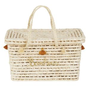 Malle en fibre végétale tressée beige, dorée et marron