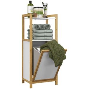 Meuble bas de salle de bain 2 étagères, panier à linge bamb…