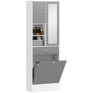 Meuble de salle de bain panier à linge et miroir gris et bl…