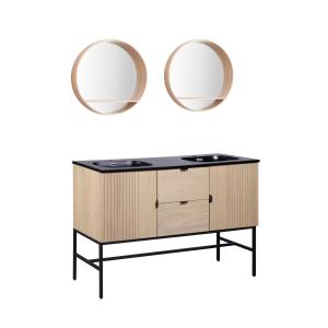 Meuble double vasque 140cm chêne  sur pieds   miroir rond