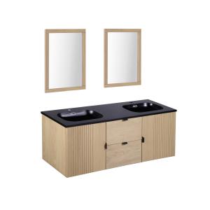 Meuble double vasque 140cm chêne  suspendu   miroir carré