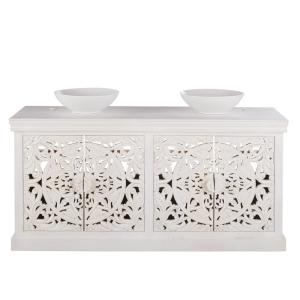 Meuble double vasque en manguier massif blanc effet vieilli