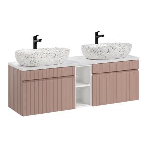 Meuble double vasque suspendu 2 niches rose et blanc