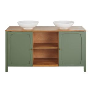 Meuble double vasques 2 portes 1 étagère vert et beige