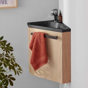 Meuble lave-mains  décor chêne avec vasque noire   robinet…