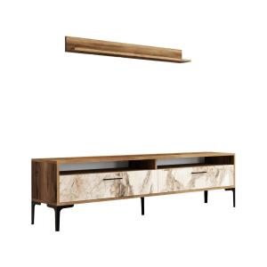 Meuble Mural effet bois beige, marbre blanc 180x35  cm