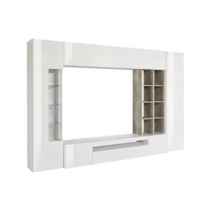 Meuble Mural effet bois blanc brillant, ciment 290x40h192 cm