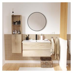 Meuble simple vasque 80cm décor chêne  robinet noir miroir …
