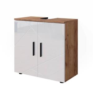 Meuble sous vasque simple 60x59cm, Blanc brillant/Chêne dor…