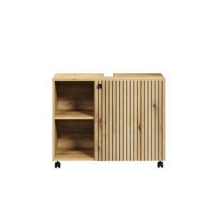 Meuble sous vasque sur roulettes 1 porte L80 cm - Effet Chê…