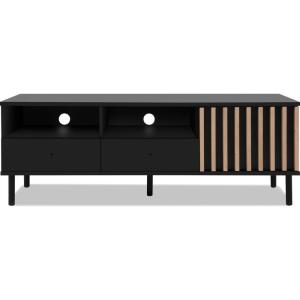 Meuble TV 1 porte, 2 tiroirs, 2 niches noir et effet chêne