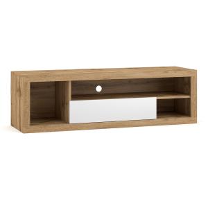 Meuble tv 1 porte 3 niches 140 cm naturel et blanc