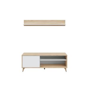 Meuble TV 2 niches, 1 porte et étagère murale L135cm - Blan…