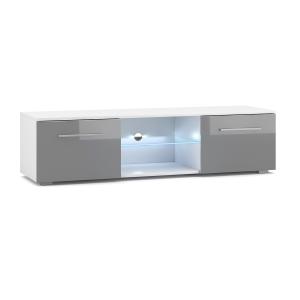 Meuble TV 2 portes 140 cm avec LED stratifiés blanc et gris