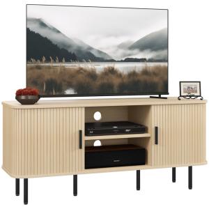 Meuble TV 2 portes, 2 niches acier noir aspect bois clair