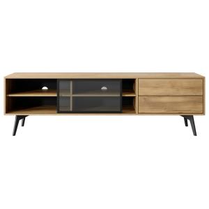 Meuble TV 2 portes 2 tiroirs 181cm effet bois et métal noir