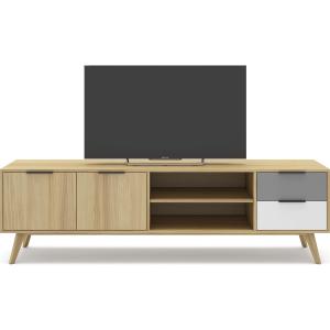 Meuble TV 2 portes 2 tiroirs en pin massif bicolore/effet c…