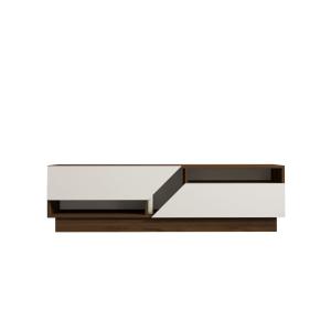 Meuble TV 2 portes basculantes effet bois marron et blanc