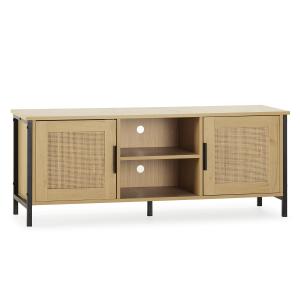 Meuble tv 2 portes couleur chêne avec rotin naturel, 120 cm