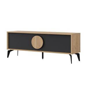 Meuble TV 2 portes - L140 cm - Effet Chêne clair / gris
