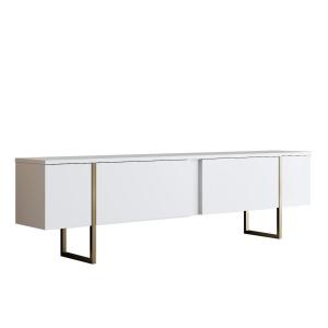 Meuble TV 2 portes rabattables L180 cm - Blanc et or