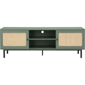 Meuble TV 2 portes vert et cannage 160 cm