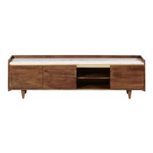 Meuble TV 3 portes en acacia massif et marbre blanc L165