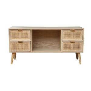 Meuble TV 4 tiroirs en pin et cannage naturel