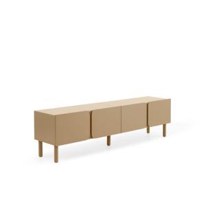 Meuble TV beige avec bords arrondis aux coins des portes