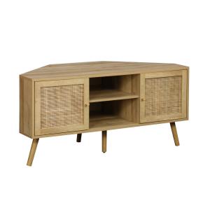 Meuble tv d'angle en décor bois et cannage 2 portes