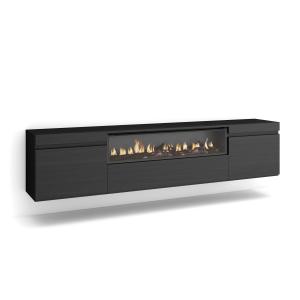 Meuble tv effet bois noir 200x45x35cm cheminée effet feu