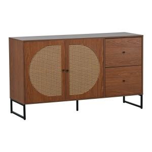 Meuble TV en bois avec portes en rotin et tiroirs