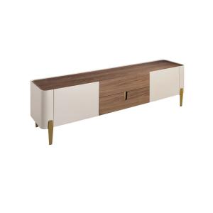 Meuble TV en bois beige, acier poli doré et plateau en noye…
