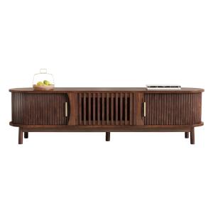 Meuble TV en bois foncé avec portes coulissantes rainurées