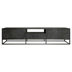 Meuble TV en bois noir motif chevrons, 2 portes 1 tiroir