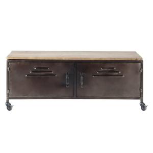 Meuble TV industriel à roulettes 2 portes en acier et bois…