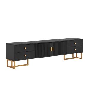 Meuble TV noir avec 4 tiroirs, 2 portes texturés et accents…