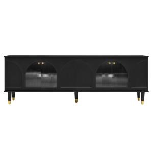 Meuble TV noir avec des portes en verre ondulé courbé, 4 po…