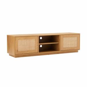 Meuble TV suspendu en bois 2 portes en rotin L160 cm bois c…