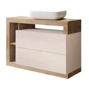Meuble  vasque 110cm 2 tiroirs beige laqué et aspect bois f…